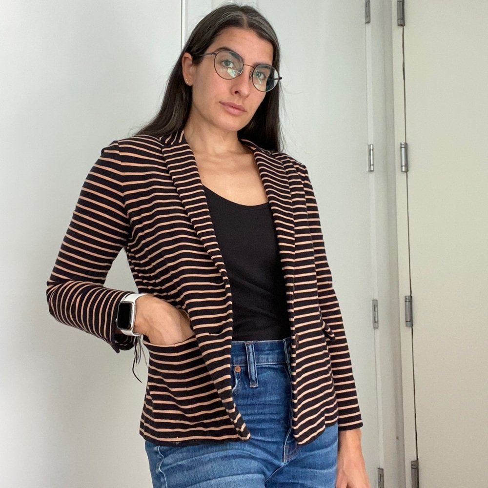 J.Crew Black and Tan Striped Sweater Blazer S